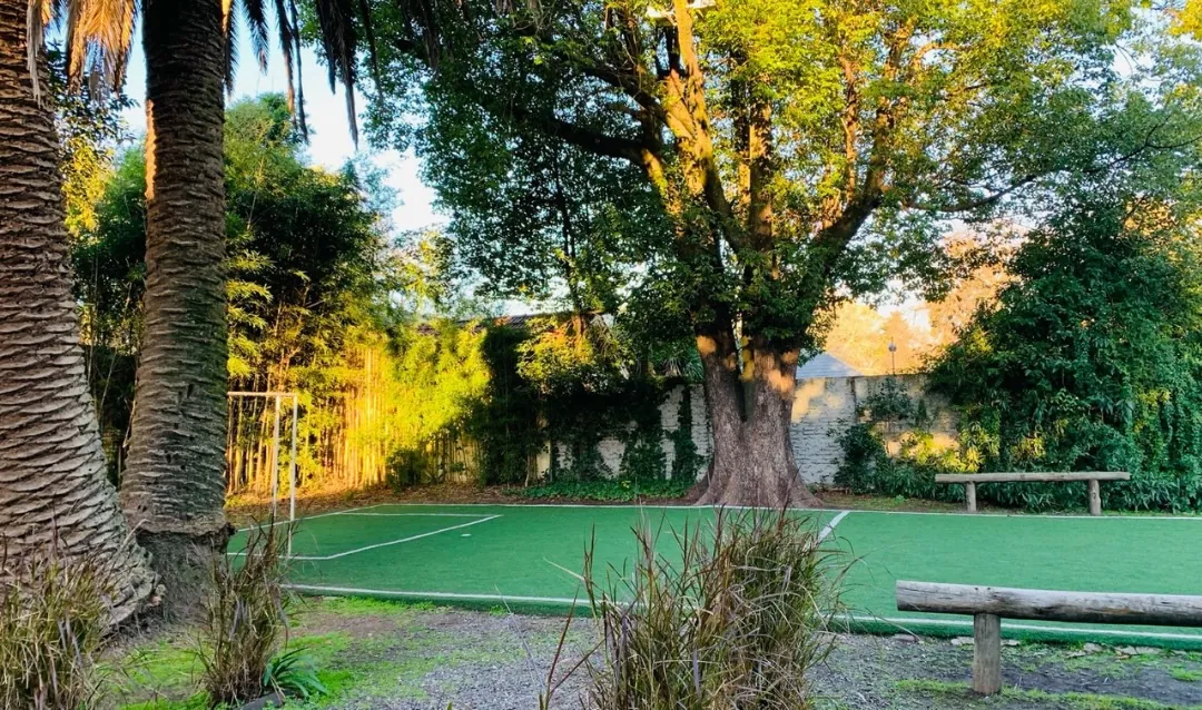 Cancha de césped sintético rodeada de árboles y bancos de madera