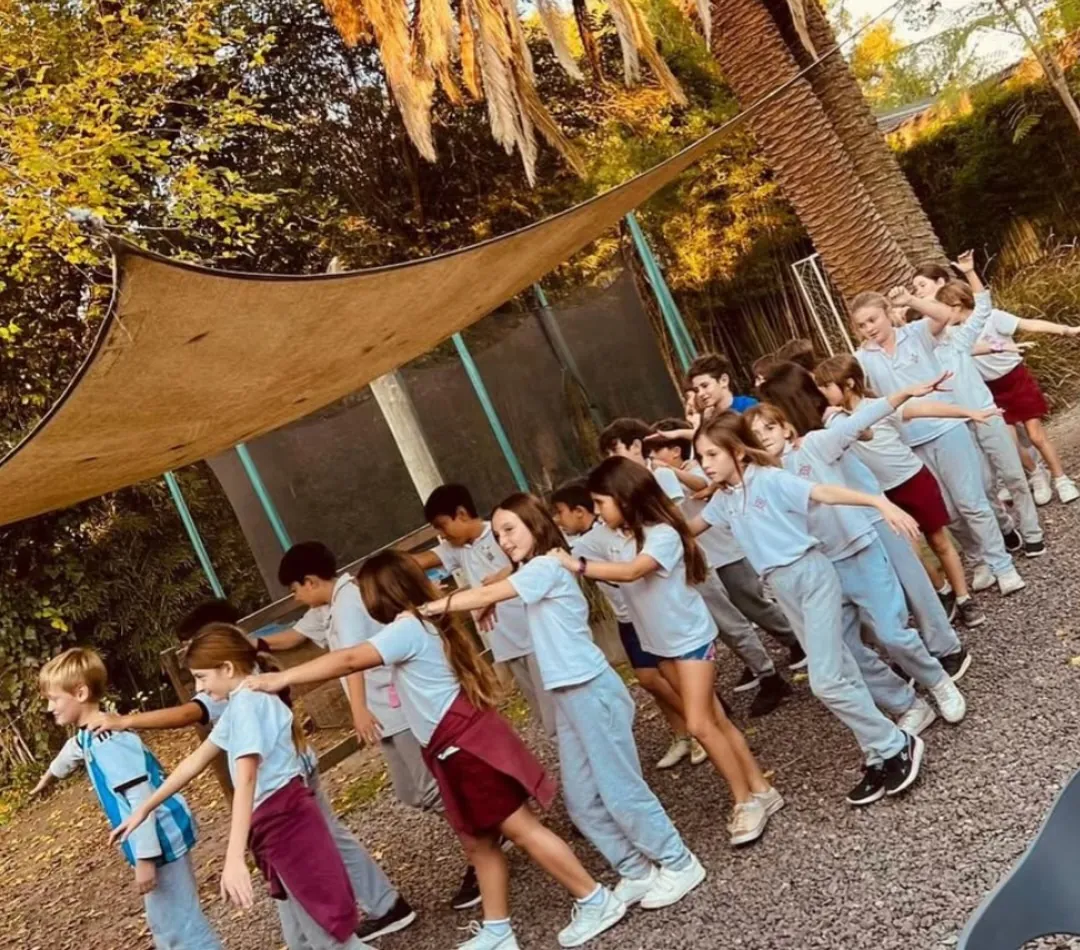 Chicos bailando en fila durante un cumpleaños bajo la palmera del parque